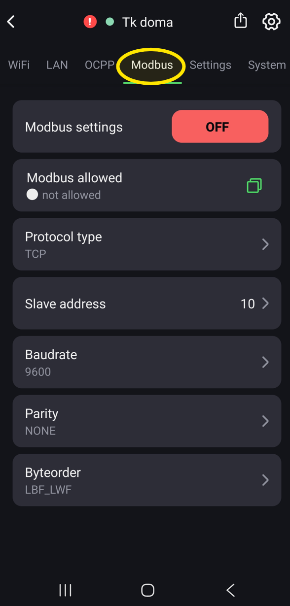 Záložka Modbus s nastavením