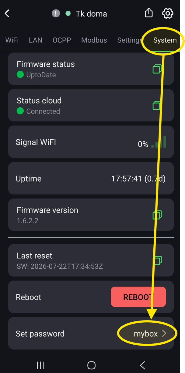 Záložka System — zadání hesla „mybox"