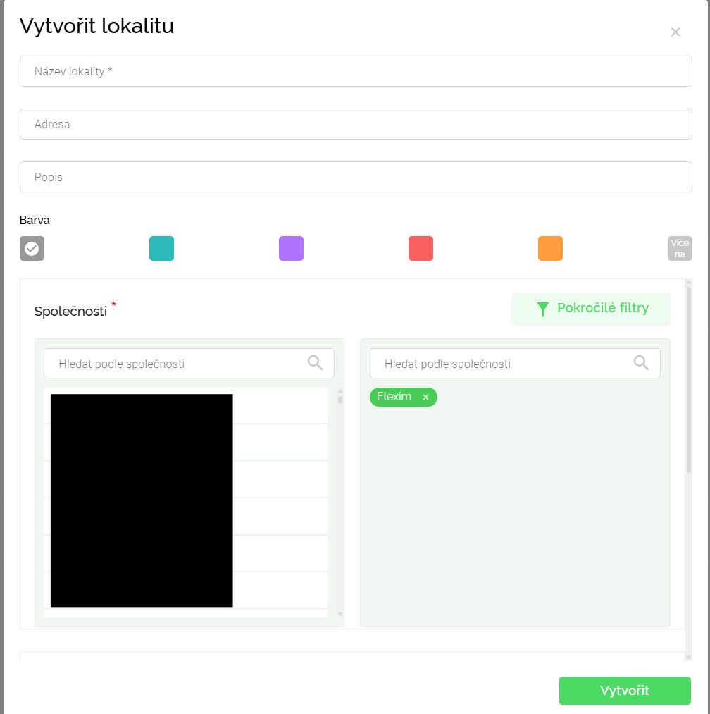 Formulář pro vytvoření lokality