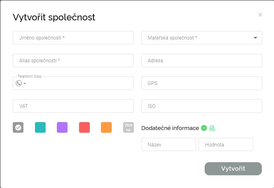 Formulář pro vytvoření společnosti