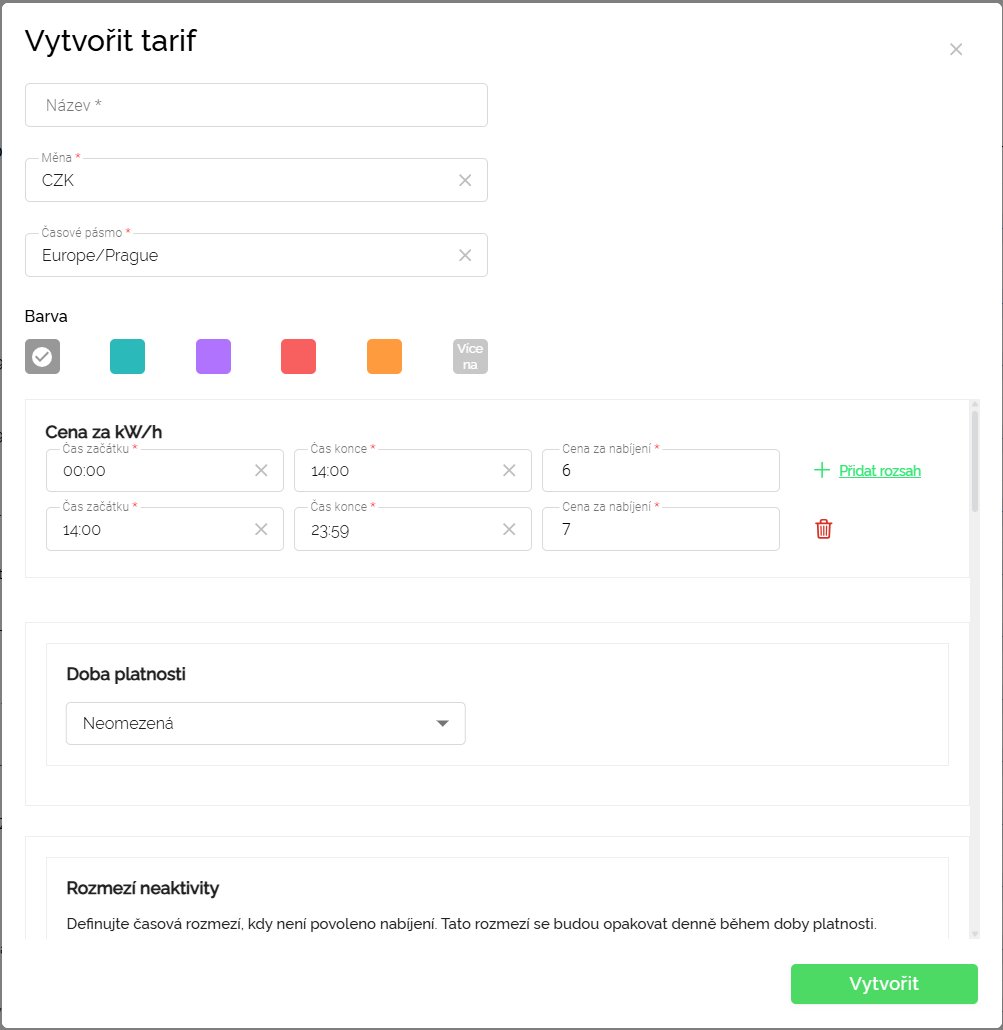 Formulář pro vytvoření tarifu