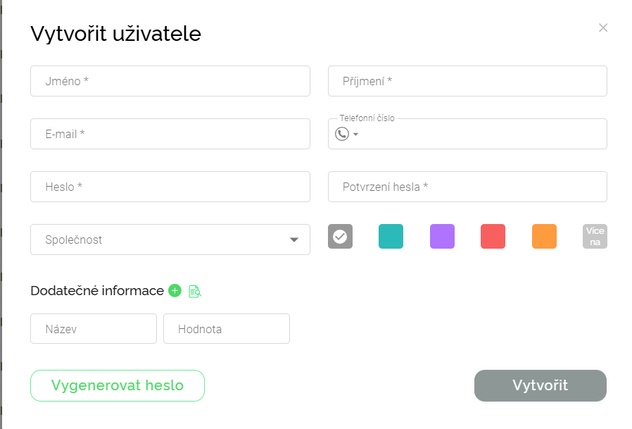 Formulář pro vytvoření uživatele